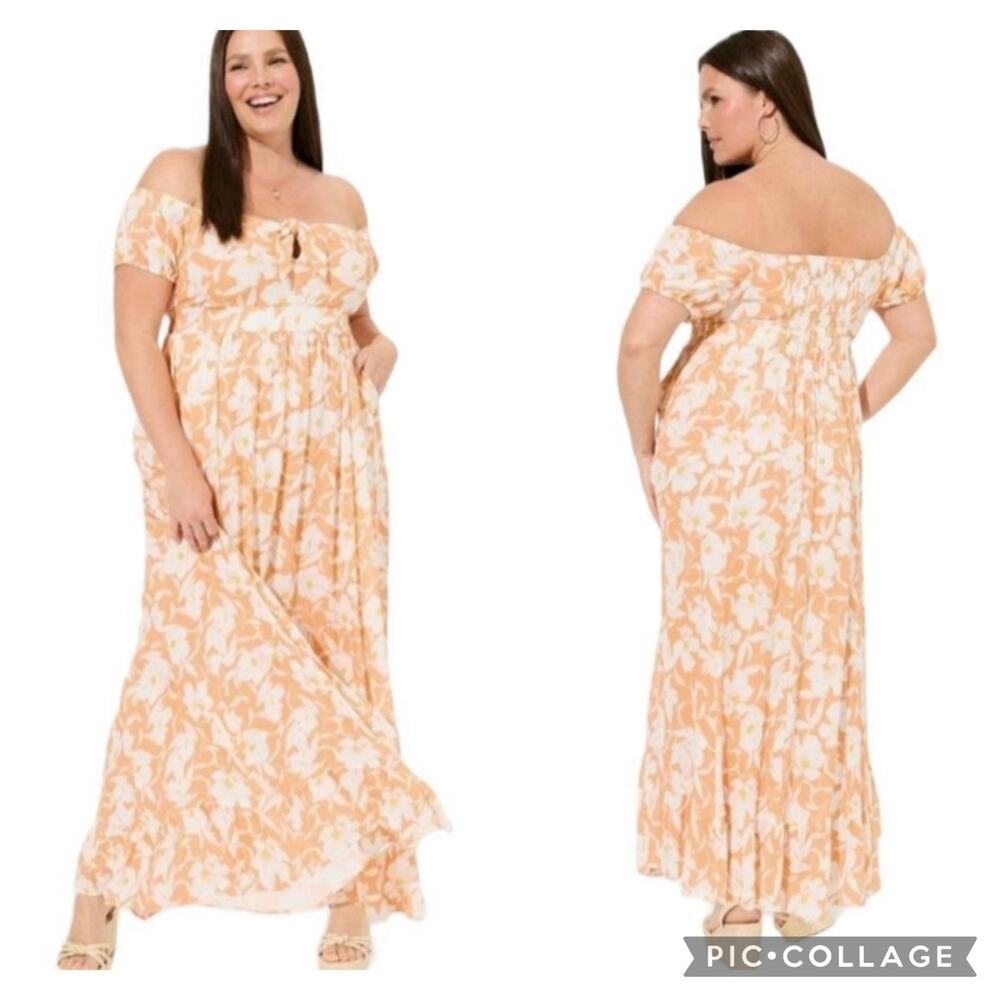 Torrid Peach Floral Off Shoulder Tie Front Maxi Dress Plus Size 2X